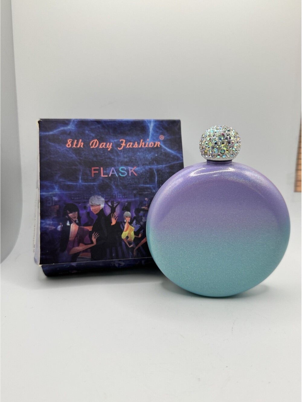 8th Day Fashion Flask AB CrystalTop Purple To Blue 5oz NIB Stainless Steel Bling